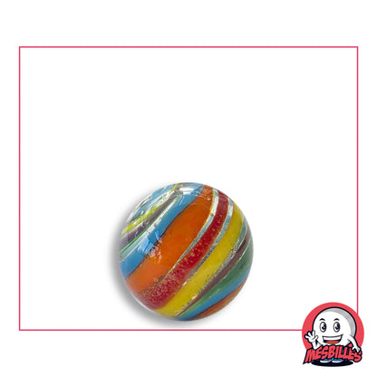 Bille Rainbow 16 mm KimPlay Collector en verre à bandes obliques turquoise, orange, rouge, jaune et vert, vue de dessus, 16 mm de diamètre