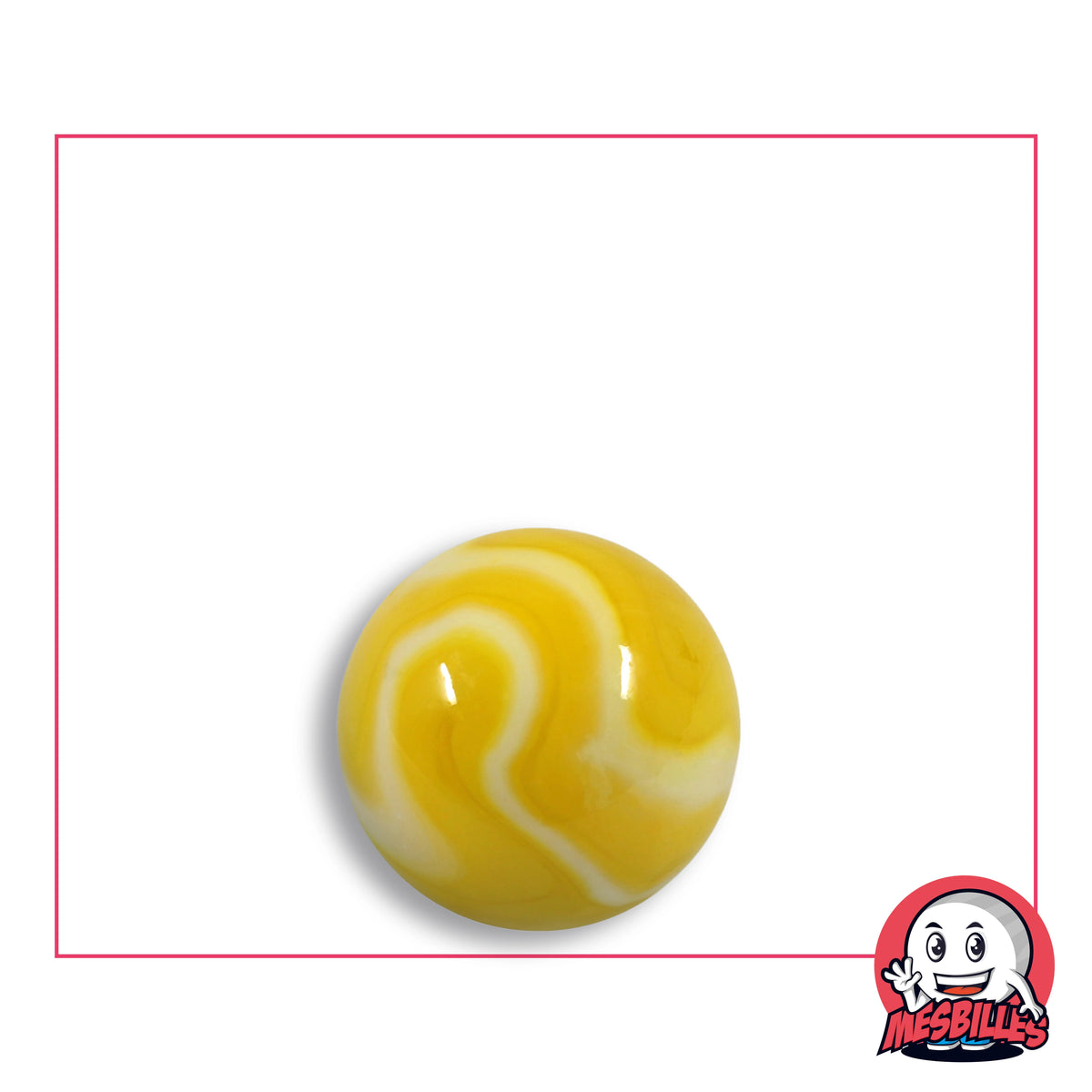 Bille Sorbet Citron en verre jaune opaque à volutes blanc crème, vue de dessus, 16 mm de diamètre