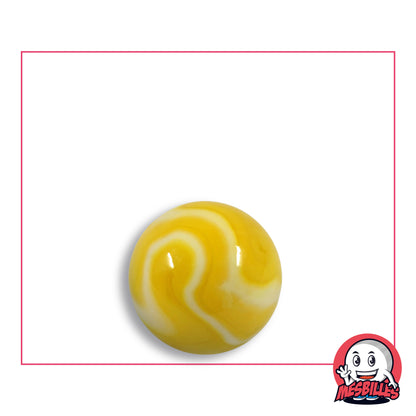 Bille Sorbet Citron en verre jaune opaque à volutes blanc crème, vue de dessus, 16 mm de diamètre