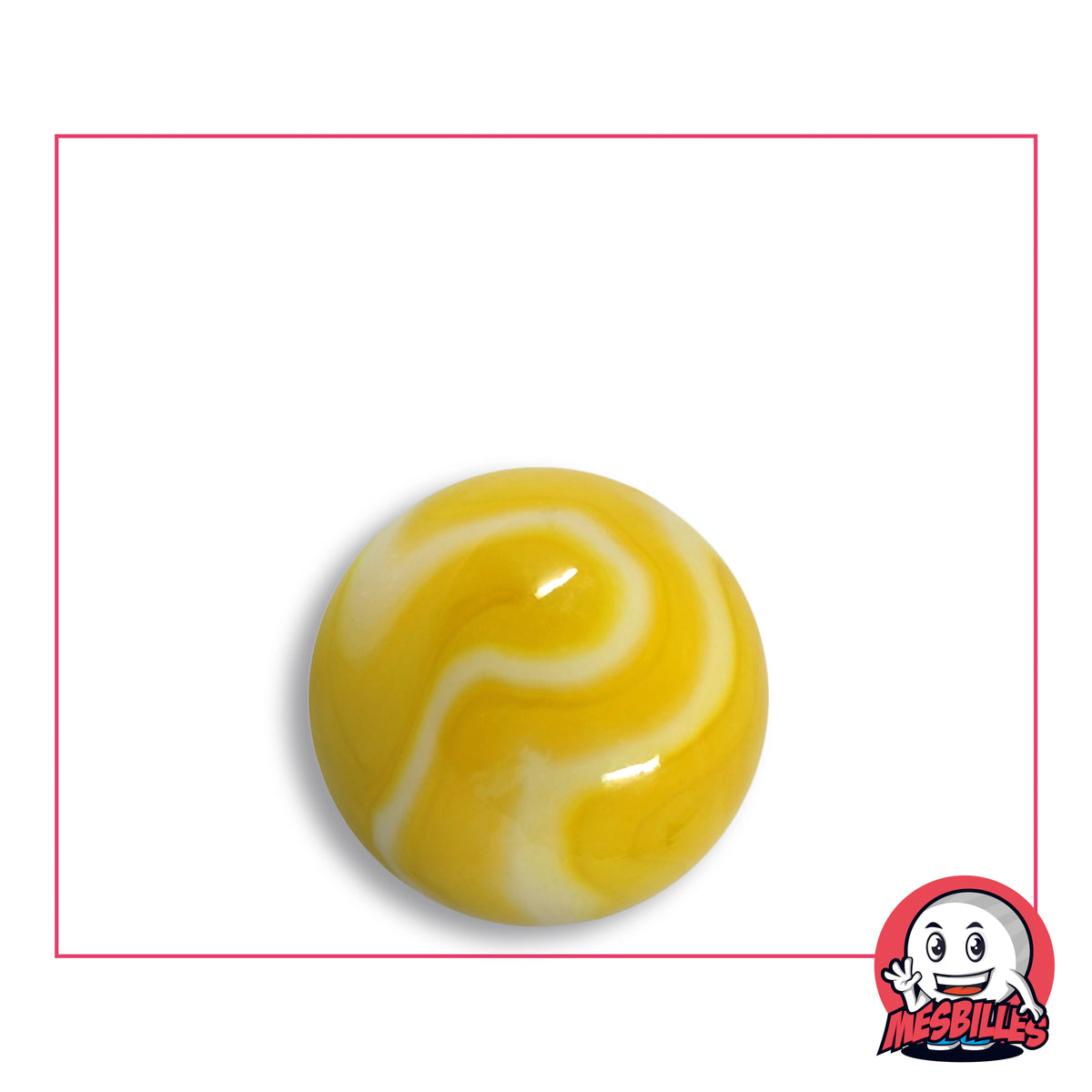 Bille Sorbet Citron en verre jaune opaque à volutes blanc crème, vue de dessus, 22 mm de diamètre