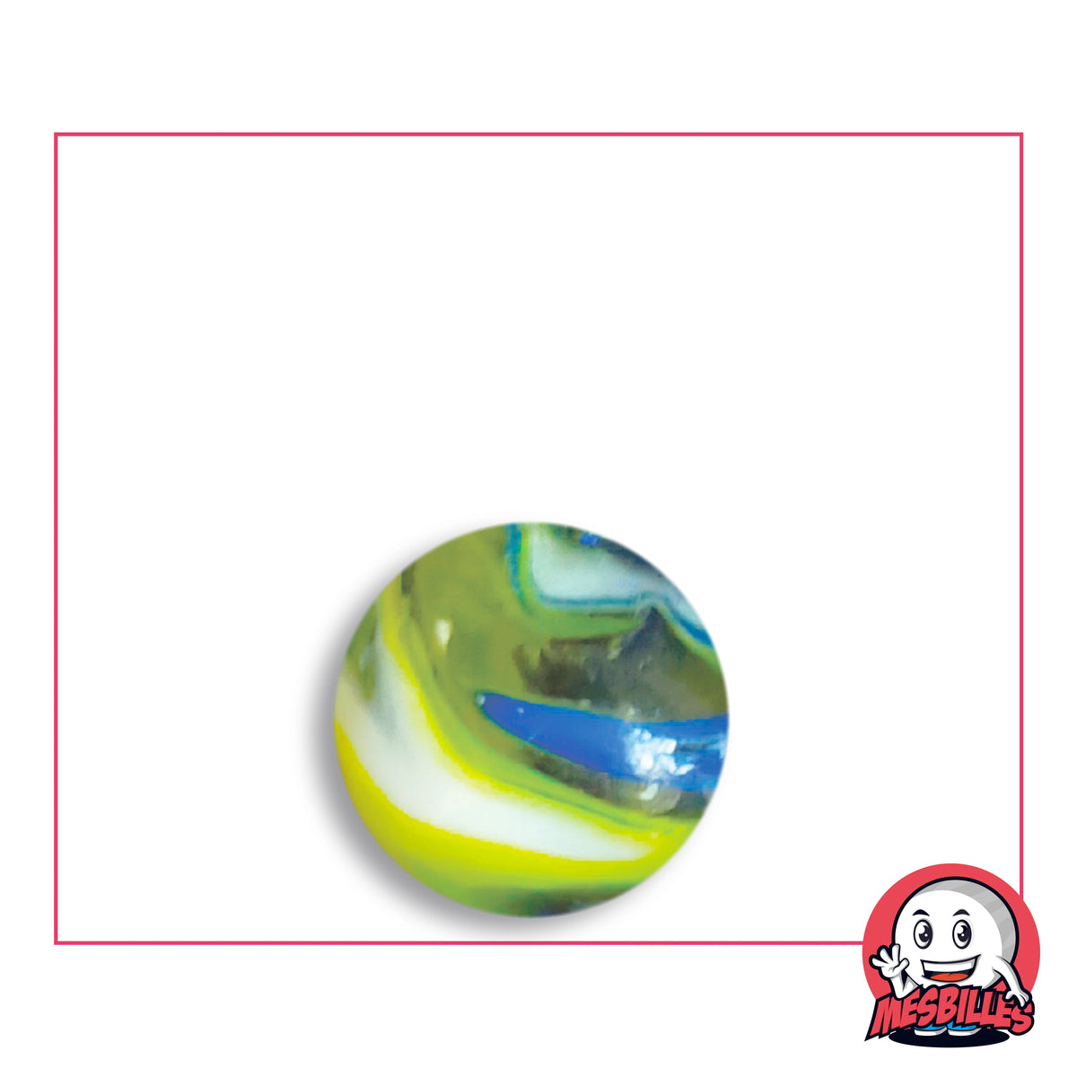 Bille Speedy Jaune et Bleu 16 mm Collector en verre jaune-vert à bandes jaune et blanche, ruban bleu outremer, vue de dessus, 16 mm de diamètre