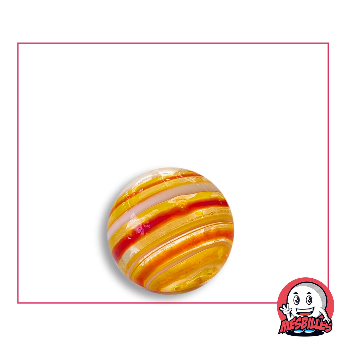 Bille Tortitta Jaune 16 mm KimPlay Collector en verre jaune doré translucide rayé de rouge et de blanc, vue de dessus, 16 mm de diamètre