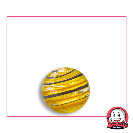 Bille Tortitta Jaune et Noir 16 mm Collector en verre jaune miel translucide rayé de noir et d'orange, vue de dessus, 16 mm de diamètre
