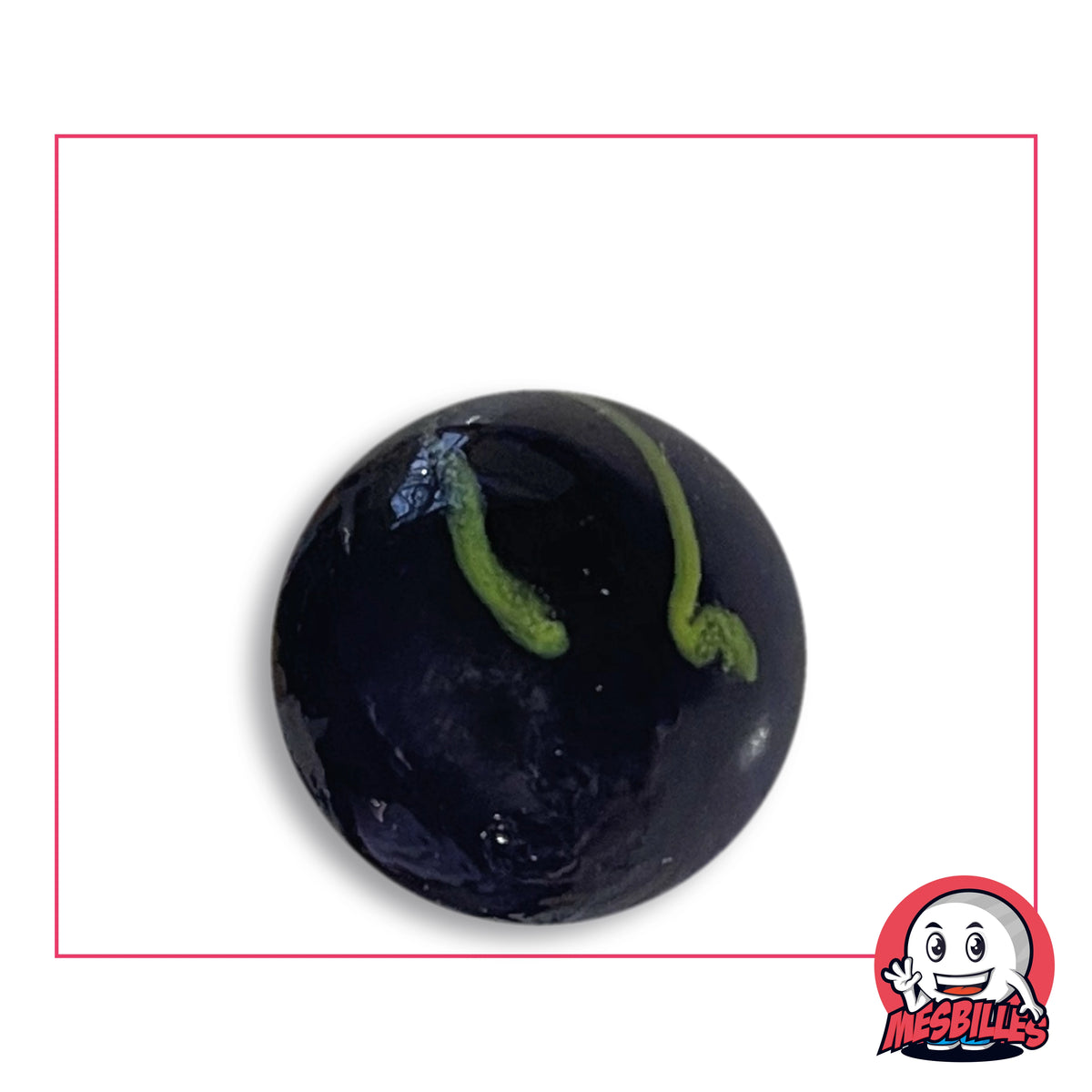 Bille Zébra Bleu 25 mm Collector en verre bleu nuit très sombre, parcouru de filets vert clair ondulés, recourbés à leur extrémité, vue de dessus, 25 mm de diamètre