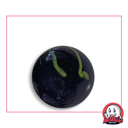 Bille Zébra Bleu 25 mm Collector en verre bleu nuit très sombre, parcouru de filets vert clair ondulés, recourbés à leur extrémité, vue de dessus, 25 mm de diamètre