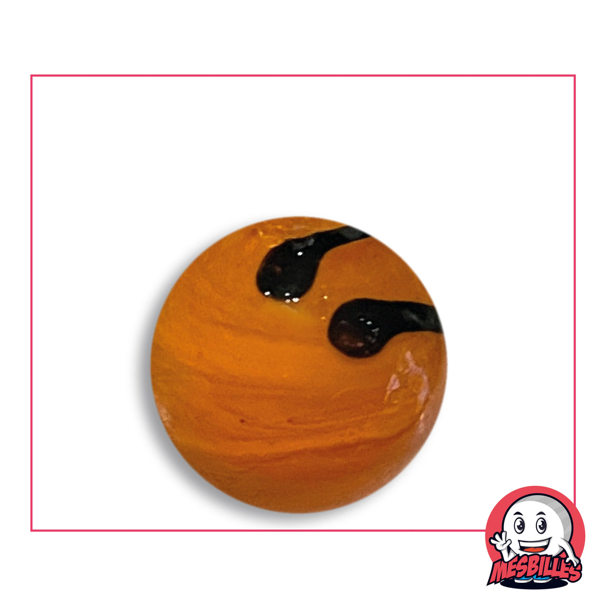 Bille Zébra Orange 25 mm Collector en verre orange marbré d'ondes claires et soutenues, marqué de traits noirs terminés par un renflement arrondi, vue de dessus, 25 mm de diamètre
