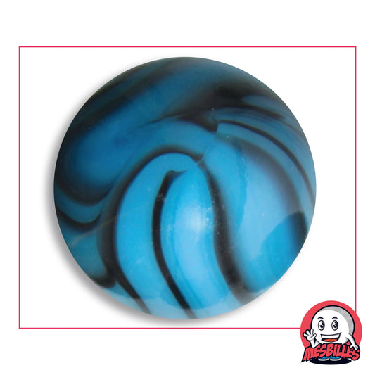 Grande bille Zèbre Turquoise en verre turquoise opaque rayé de bandes presque noires, vue de dessus, 50 mm de diamètre
