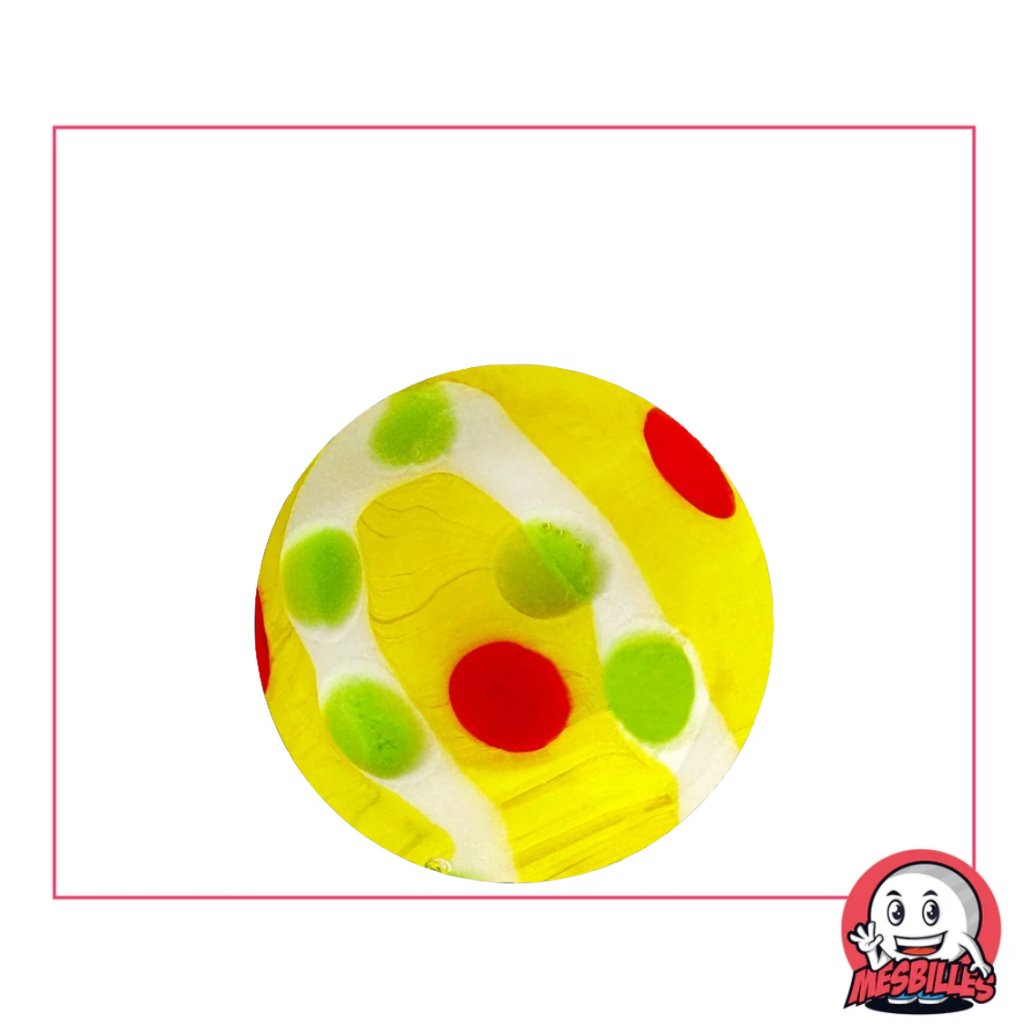 Canica de arte Citrus Pop de cristal de 25 mm, amarillo brillante con motivos rojos y verdes