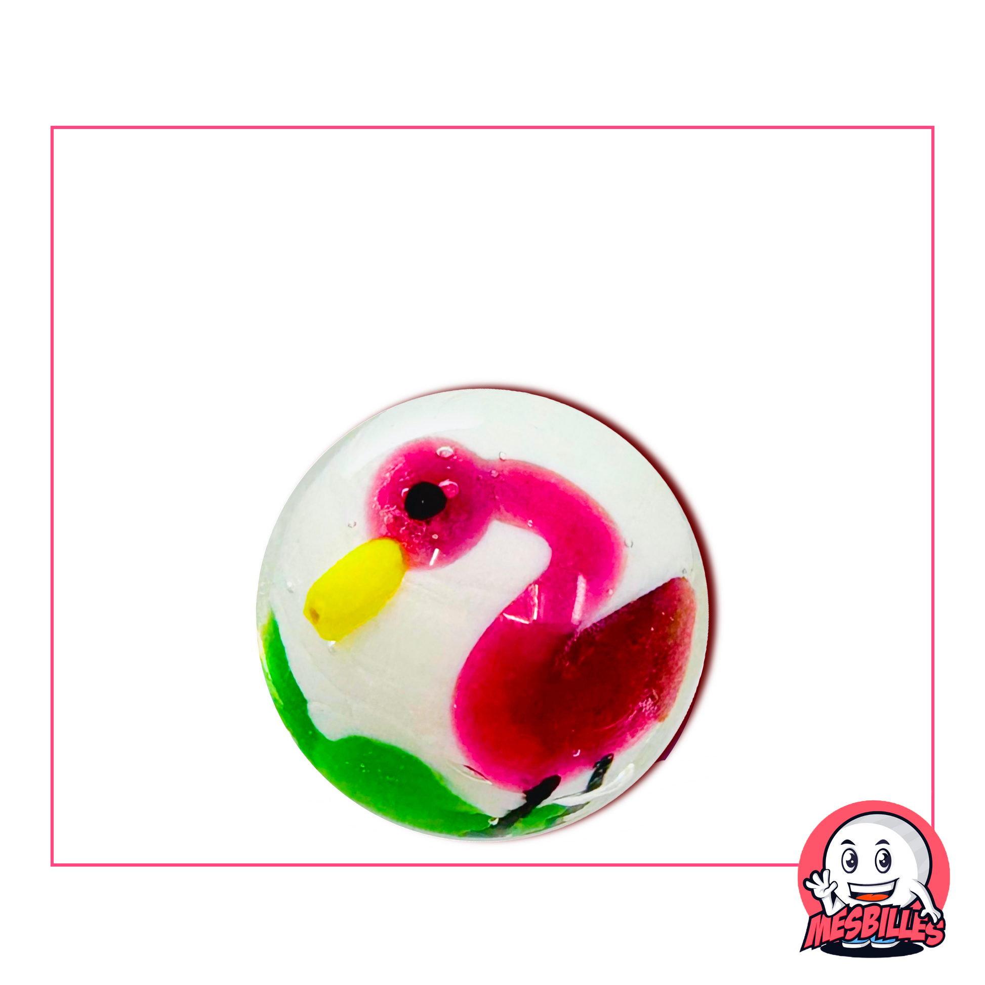 Canica grande decorativa de 22 mm que representa un elegante flamenco rosa, para decoraciones artísticas únicas y originales.