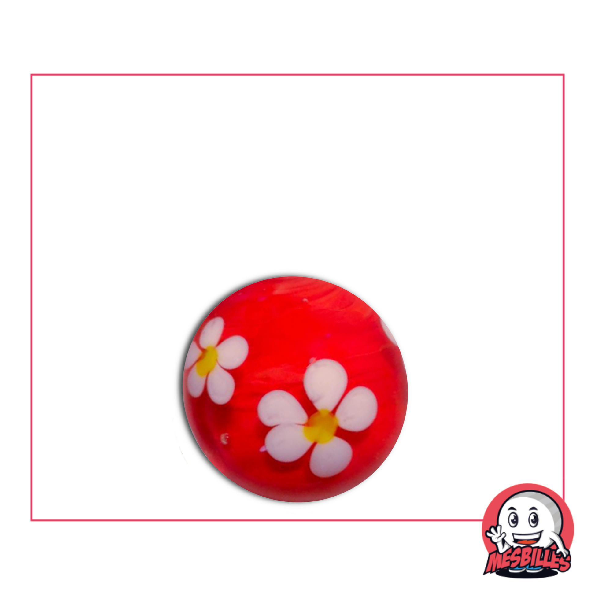 Canica roja de 16 mm con una flor blanca de cinco pétalos fijada en el vidrio, motivo floral artesanal