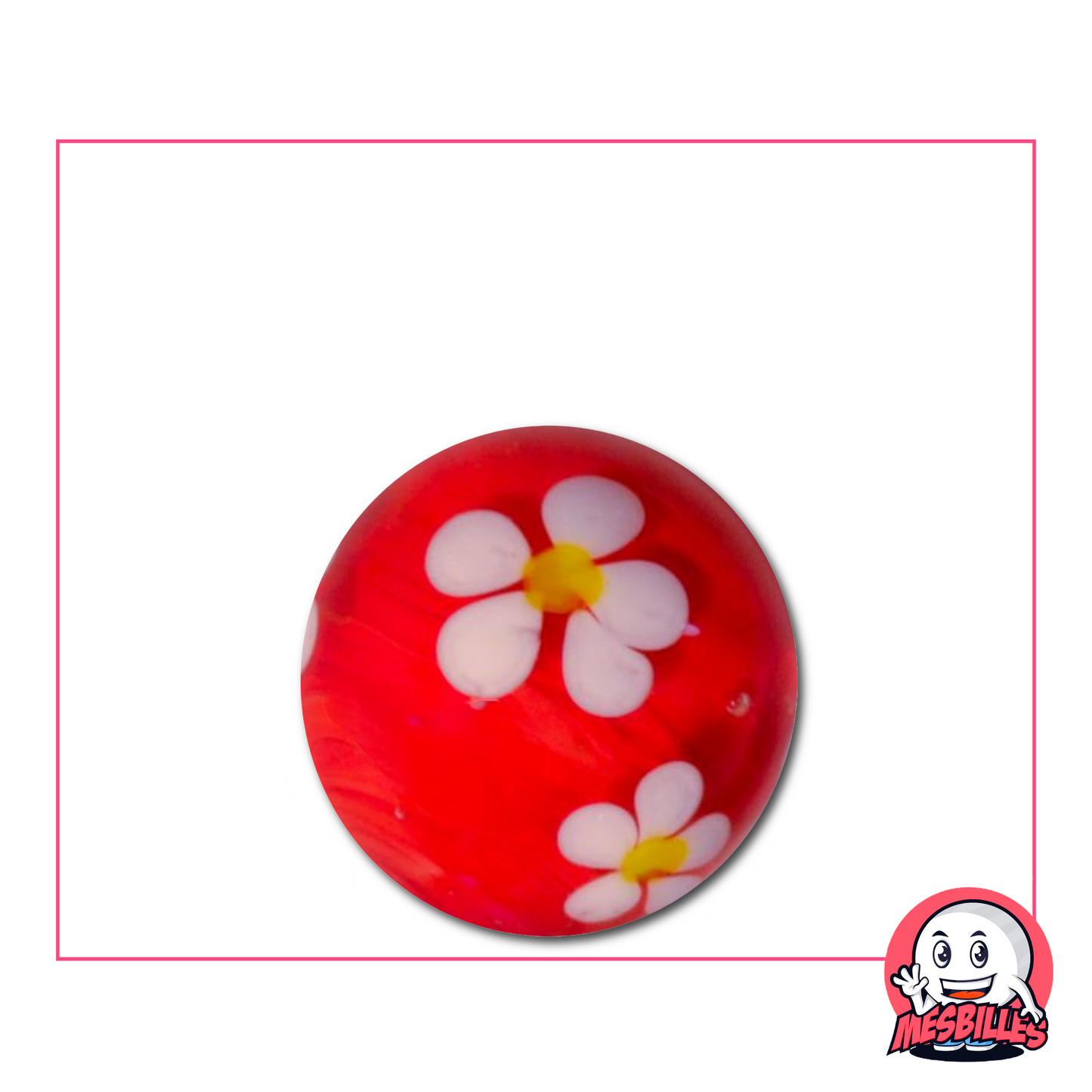 Canica grande roja de 22 mm con una flor blanca de cinco pétalos incrustada en el cristal transparente