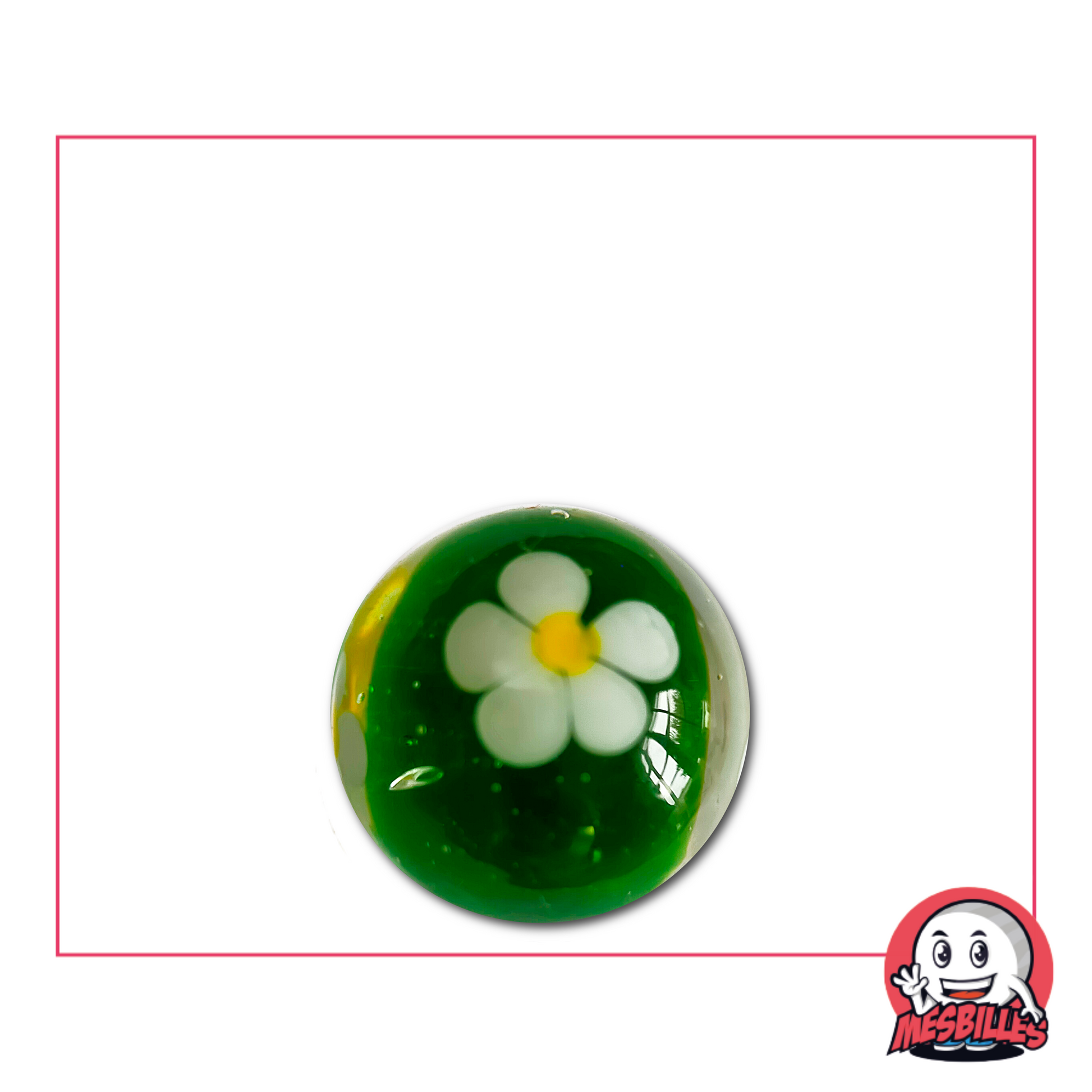 Canica verde de 16 mm con flor blanca de cinco pétalos atrapada en el cristal, estilo artesanal