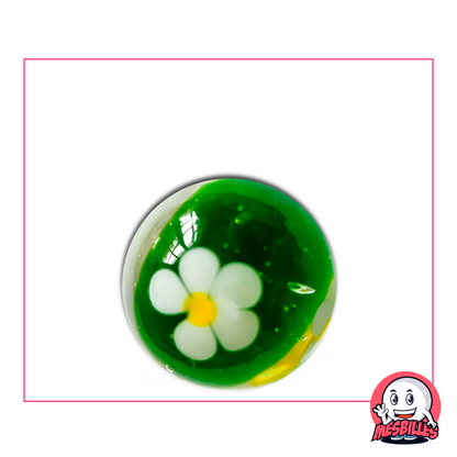 Canica grande verde de 22 mm con flor blanca de cinco pétalos fijada en el vidrio, efecto jardín en miniatura
