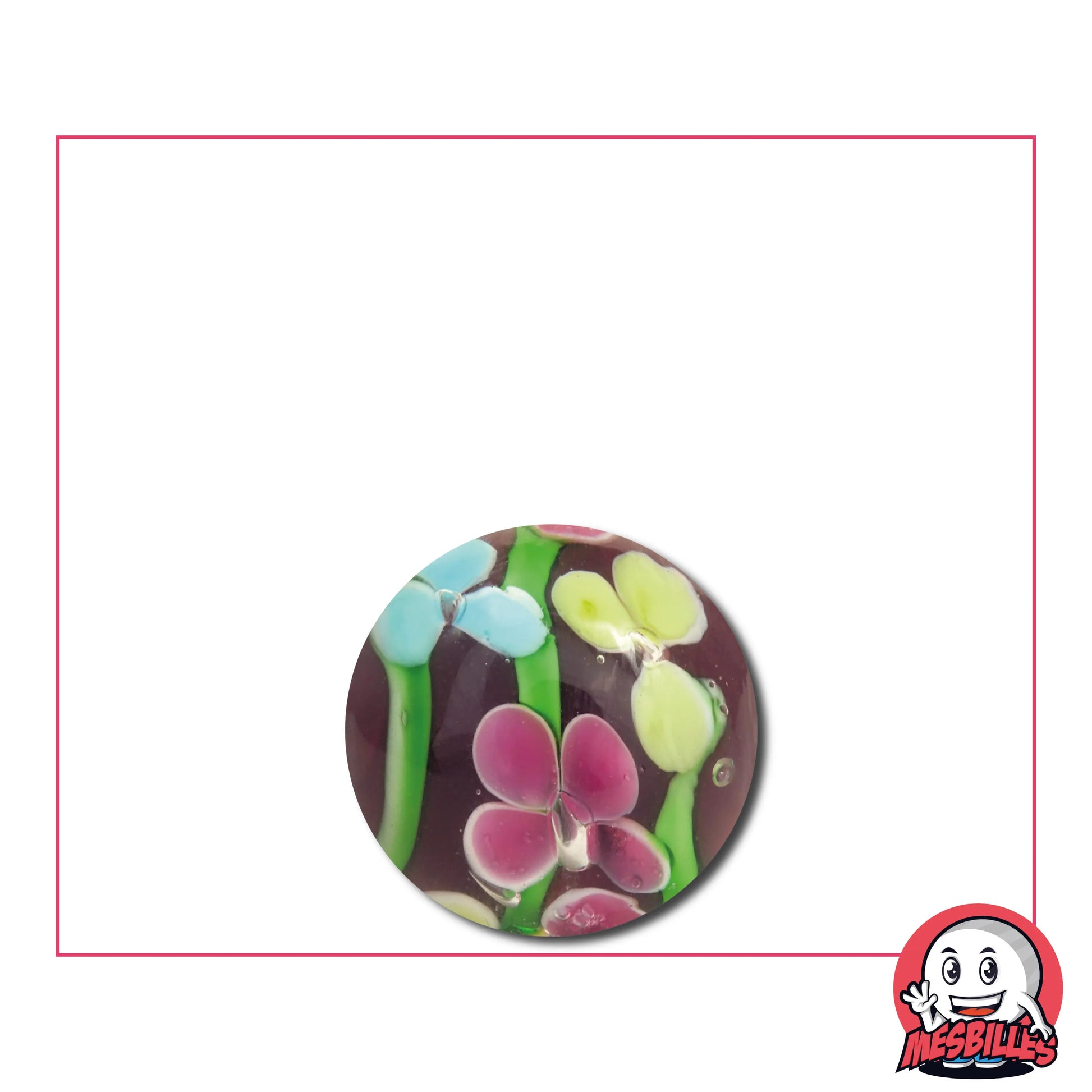 Bille Art Tige Fleurie Violette 16 mm – bille violette avec fleurs en verre bleu, rose et jaune, miniature florale artistique MesBilles
