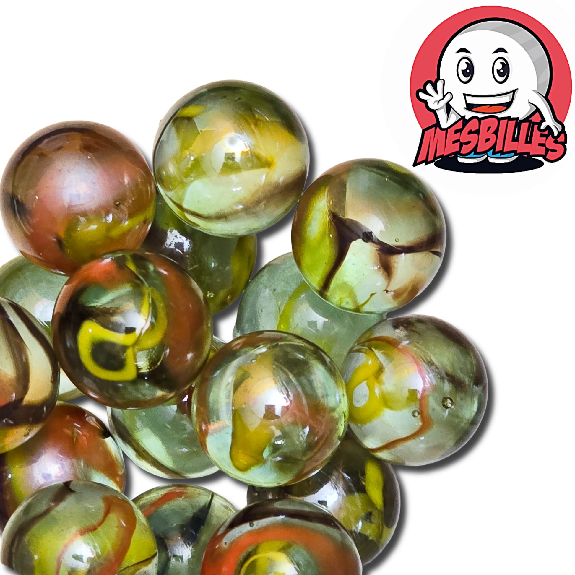 Admirez la bille Guêpe 25 mm, aux teintes vives jaune et orange avec bulles dorées. Un modèle unique pour collectionneurs et passionnés de jeux de billes