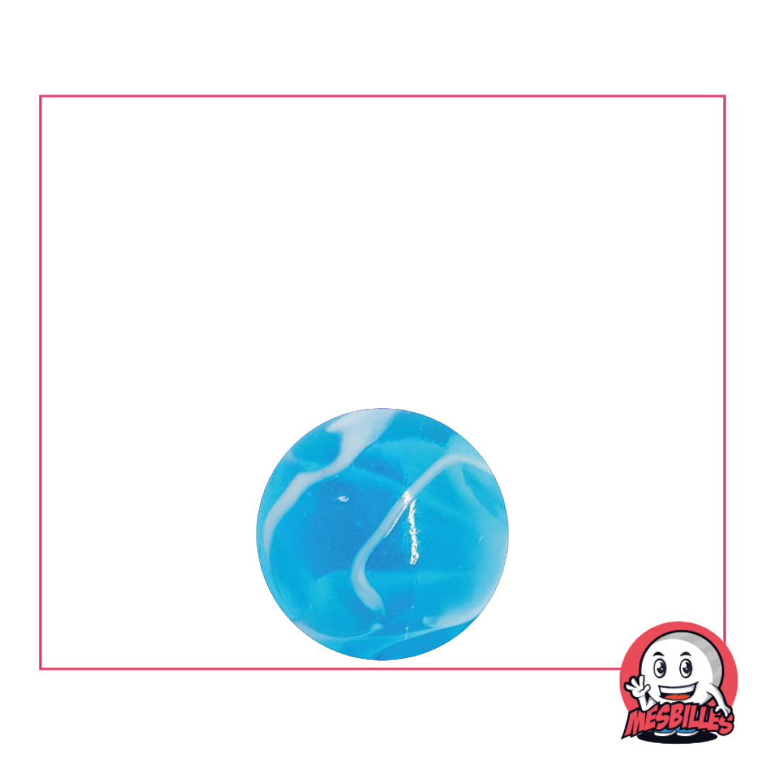 Una magnífica canica H2O de 12 mm con un motivo de remolino azul y blanco que evoca las olas del mar.