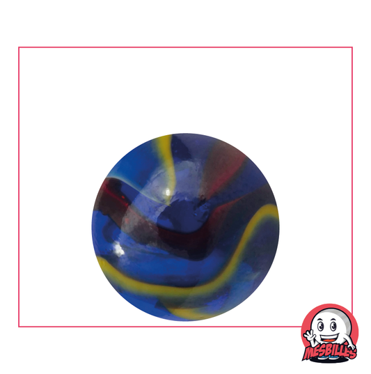 Canica Miguel Ángel 25 mm de cristal azul, con rayas rojas, blancas y amarillas - MisCanicas