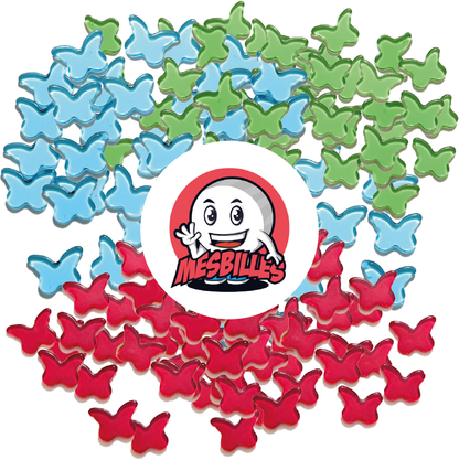 Imagen de la mascota MisCanicas rodeada de Canicas Extraplanas Mariposa de Vidrio Translúcido Azul - MisCanicas