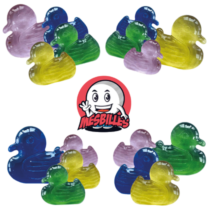 Imagen de la mascota MisCanicas rodeada de canicas Extraplanas Pato Rosa de 25 mm, el flamenco de las canicas Formas en MisCanicas