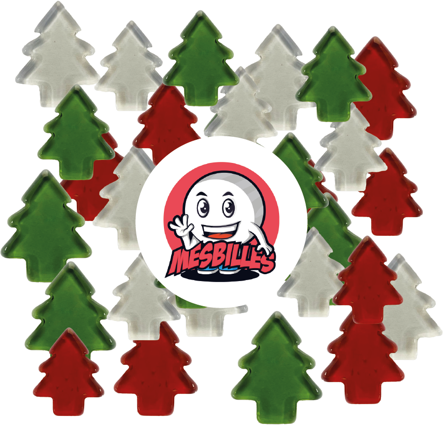 Imagen de la mascota MisCanicas rodeada de canicas Extraplanas Árbol de Navidad Rojo en Vidrio Translúcido - Decoración y Juego Festivo - MisCanicas