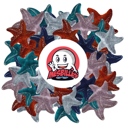 Imagen de la mascota MisCanicas rodeada de canicas Extraplanas Estrella de Mar Azul Intenso, el misterio de las profundidades de las canicas Formas en MisCanicas