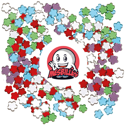 Imagen de la mascota MisCanicas rodeada de canicas extraplanas de cristal translúcido con forma de flor - MisCanicas