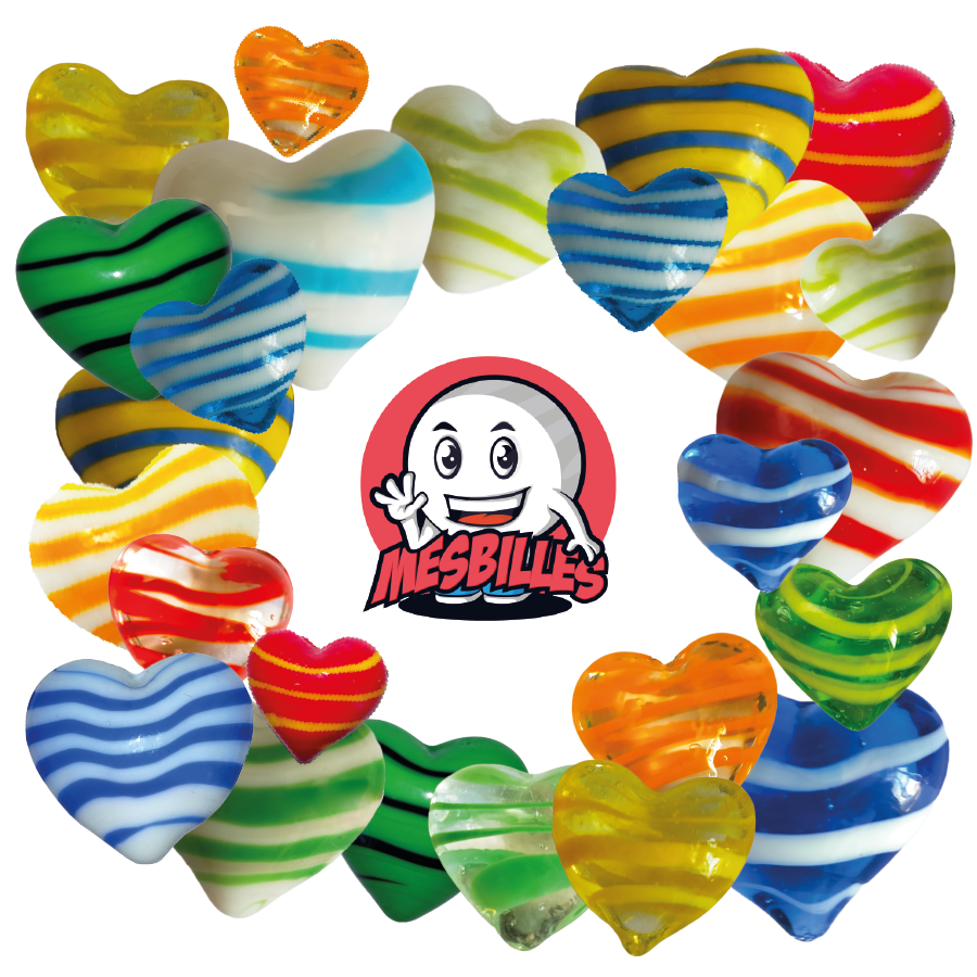 Mascota MisCanicas más Canica con forma de corazón de cristal opaco amarillo y rayas azules, canica plana de 25 mm, MisCanicas