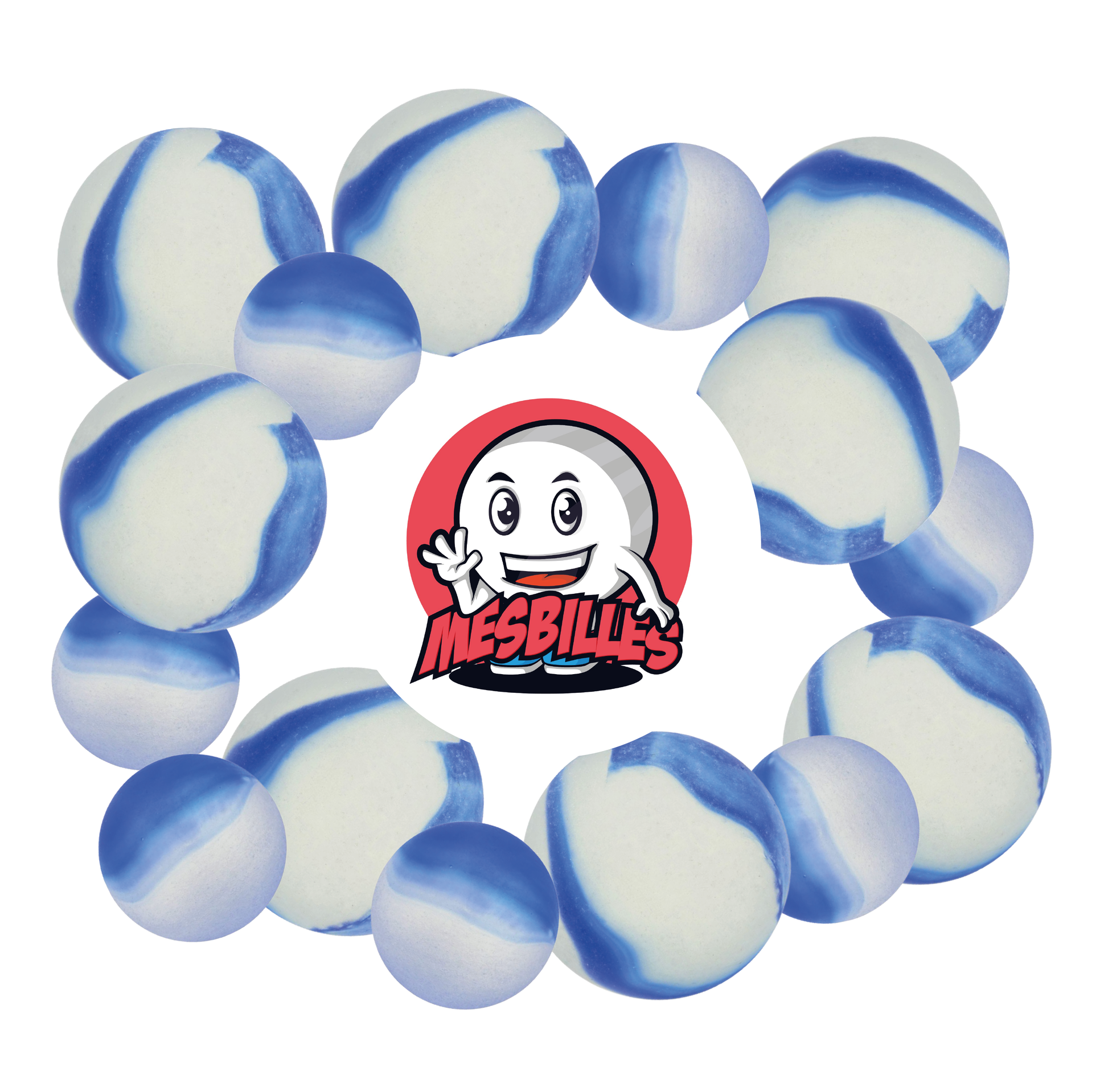 Imagen de la mascota MisCanicas rodeada de Canicas Esmeriladas - Canica de vidrio Esmerilada con rayas azules 14 mm MisCanicas