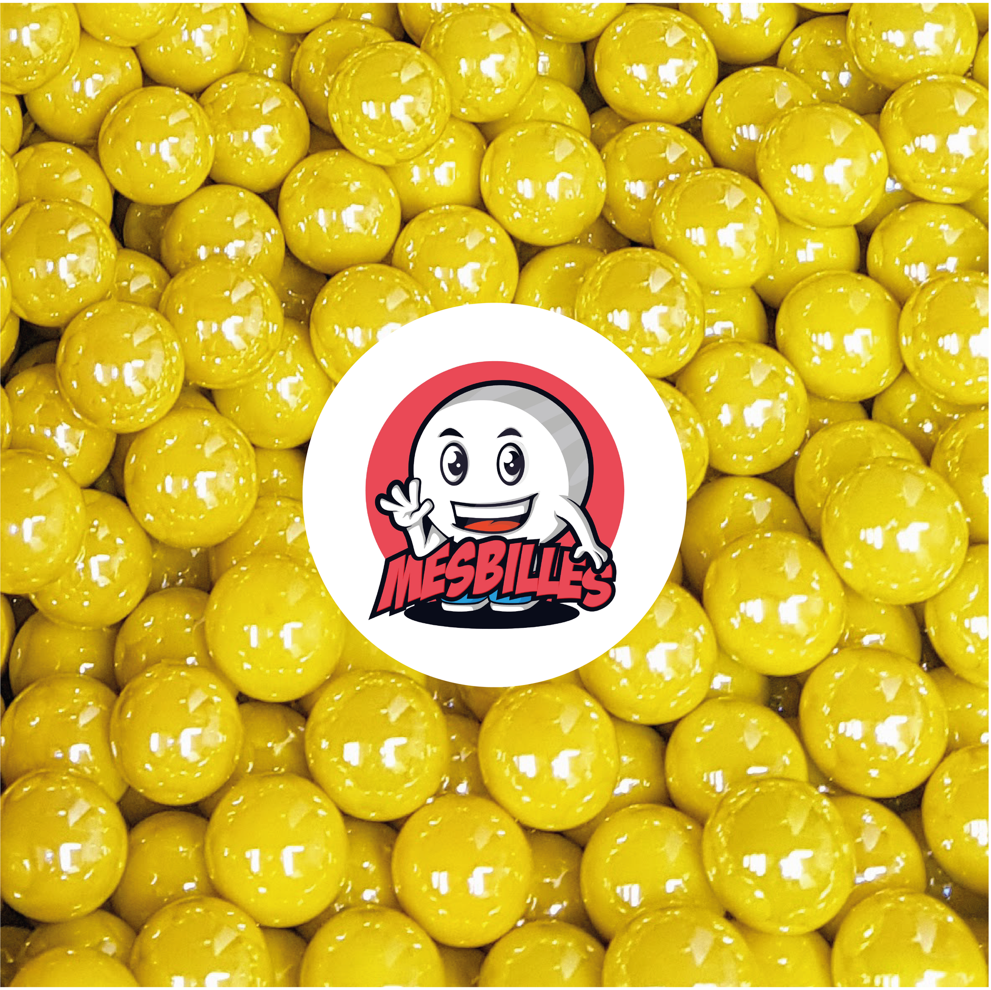Imagen de la mascota MisCanicas rodeada de Canicas Brillantes 16 mm - Vidrio Opaque y Brillante Amarillo Perlado
