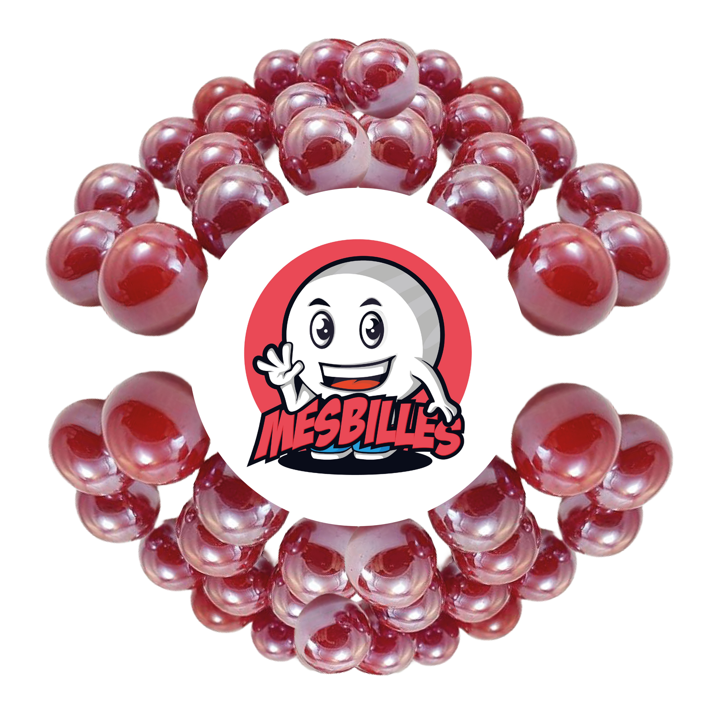 Imagen de la mascota MisCanicas rodeada de canicas Brillantes 16 mm - Vidrio Opaco y Brillante Rojo