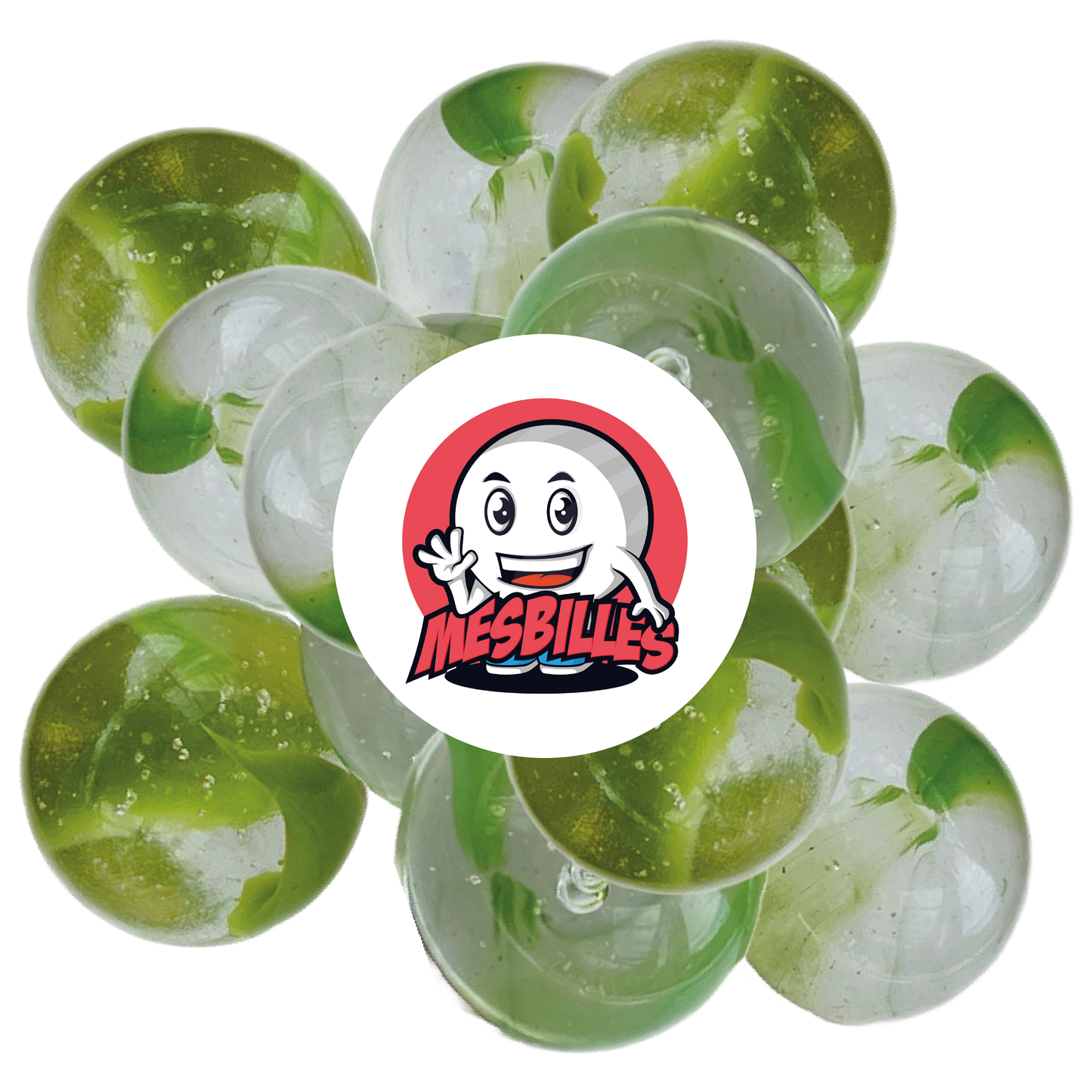 Imagen de la mascota MisCanicas rodeada de canicas Nenúfar de 25 mm - Vidrio translúcido cristal estriado de verde