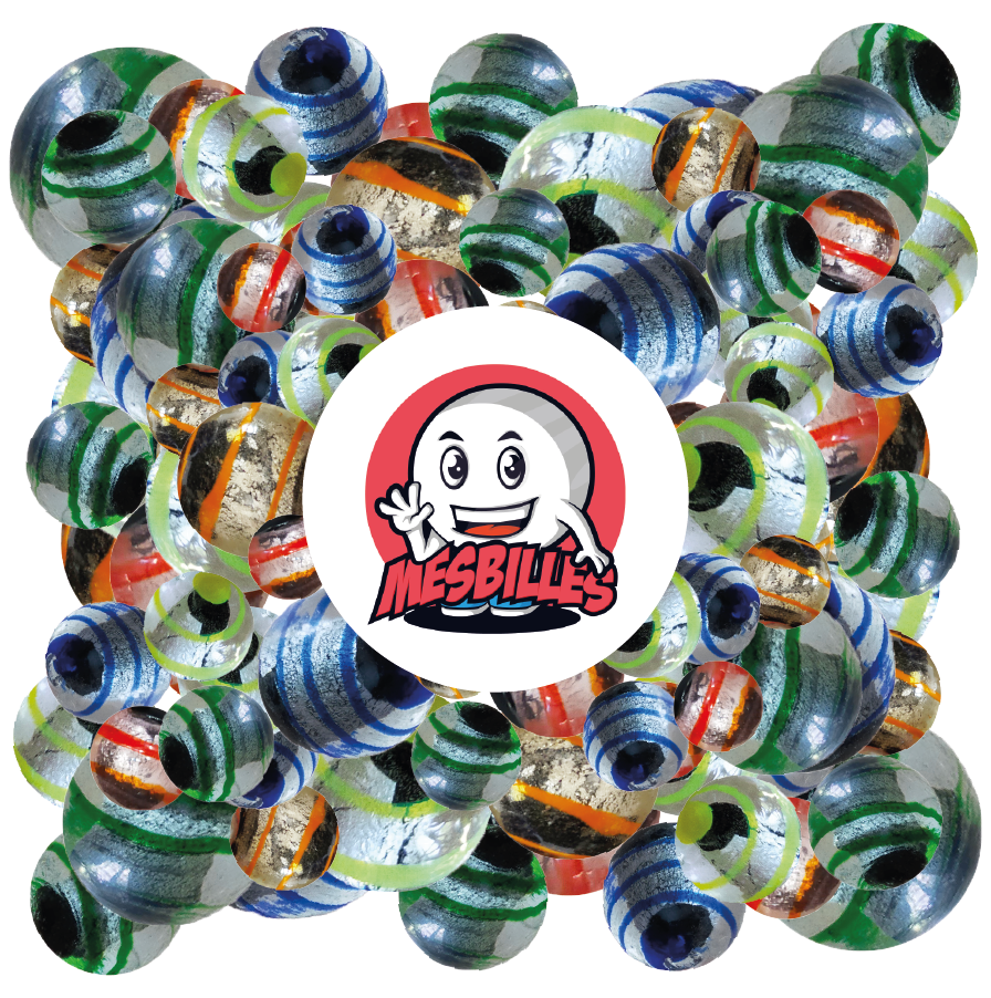 Imagen de la mascota MisCanicas rodeada de Canicas Ojo de Dragón de MisCanicas, 16 mm, semiopacas negro plateado, rayadas de azulCanicas Ojo de Dragón de MisCanicas, 16 mm, semiopacas negro plateado, rayadas de azul