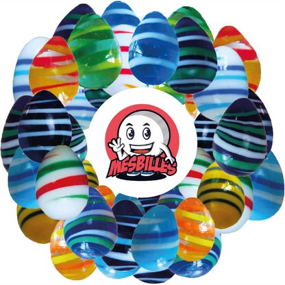 Imagen de la mascota MisCanicas rodeada de Canicas Huevo MisCanicas, ola oceánica, vidrio opaco azul claro rayado de blanco y azul, 25 mmCanicas Huevo MisCanicas, ola oceánica, vidrio opaco azul claro rayado de blanco y azul, 25 mm