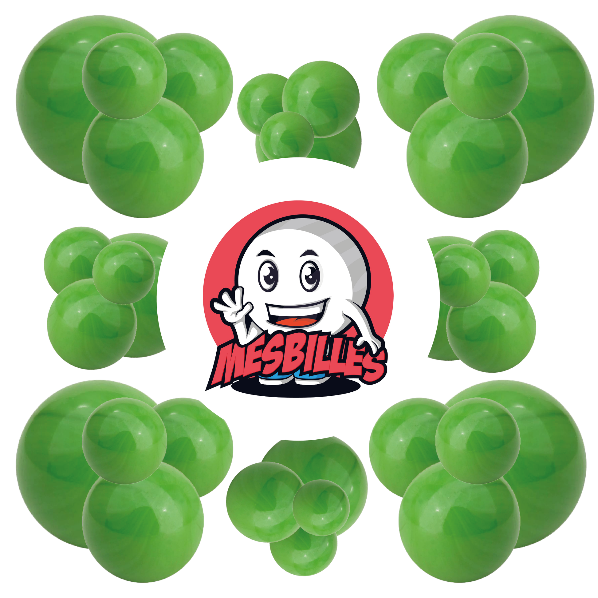Imagen de la mascota MisCanicas rodeada de canicas opacas verdes de 14 mm Canica de vidrio | MisCanicas