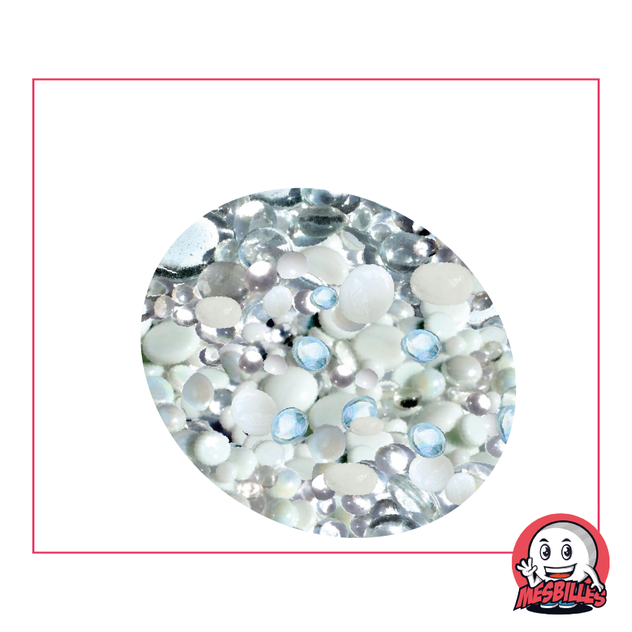 250 gr de Canicas Planas, mezcla blanca y cristal, 30 mm, 18 mm, 12 mm, brillantes