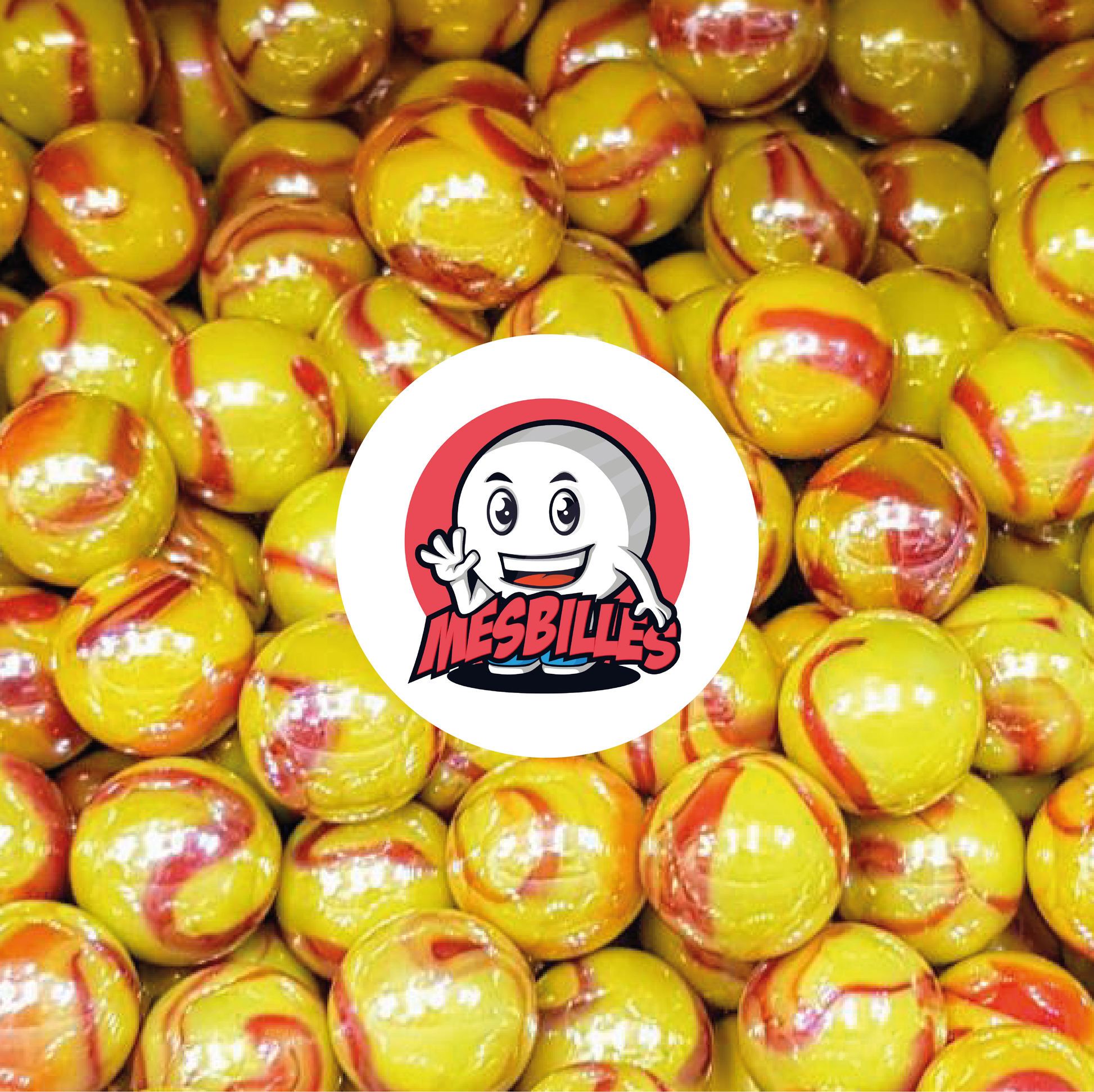 Imagen de la mascota MisCanicas rodeada de canicas Dragón de 16 mm - Increíble combinación de amarillo y rojo en un vidrio opaco y brillante