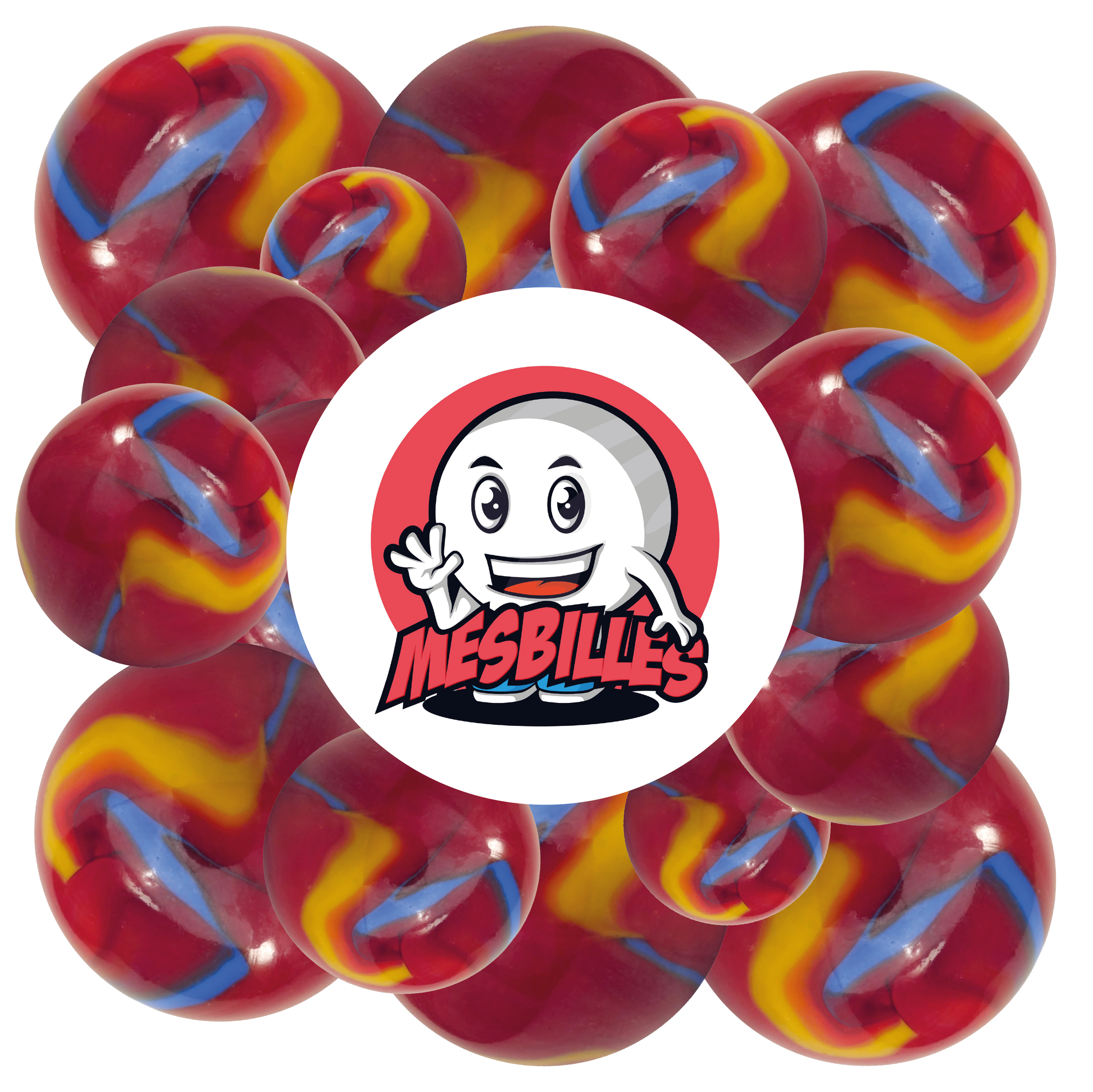 Imagen de la mascota MisCanicas rodeada de canicas Fiesta 22 mm rojas con rayas azules y amarillas