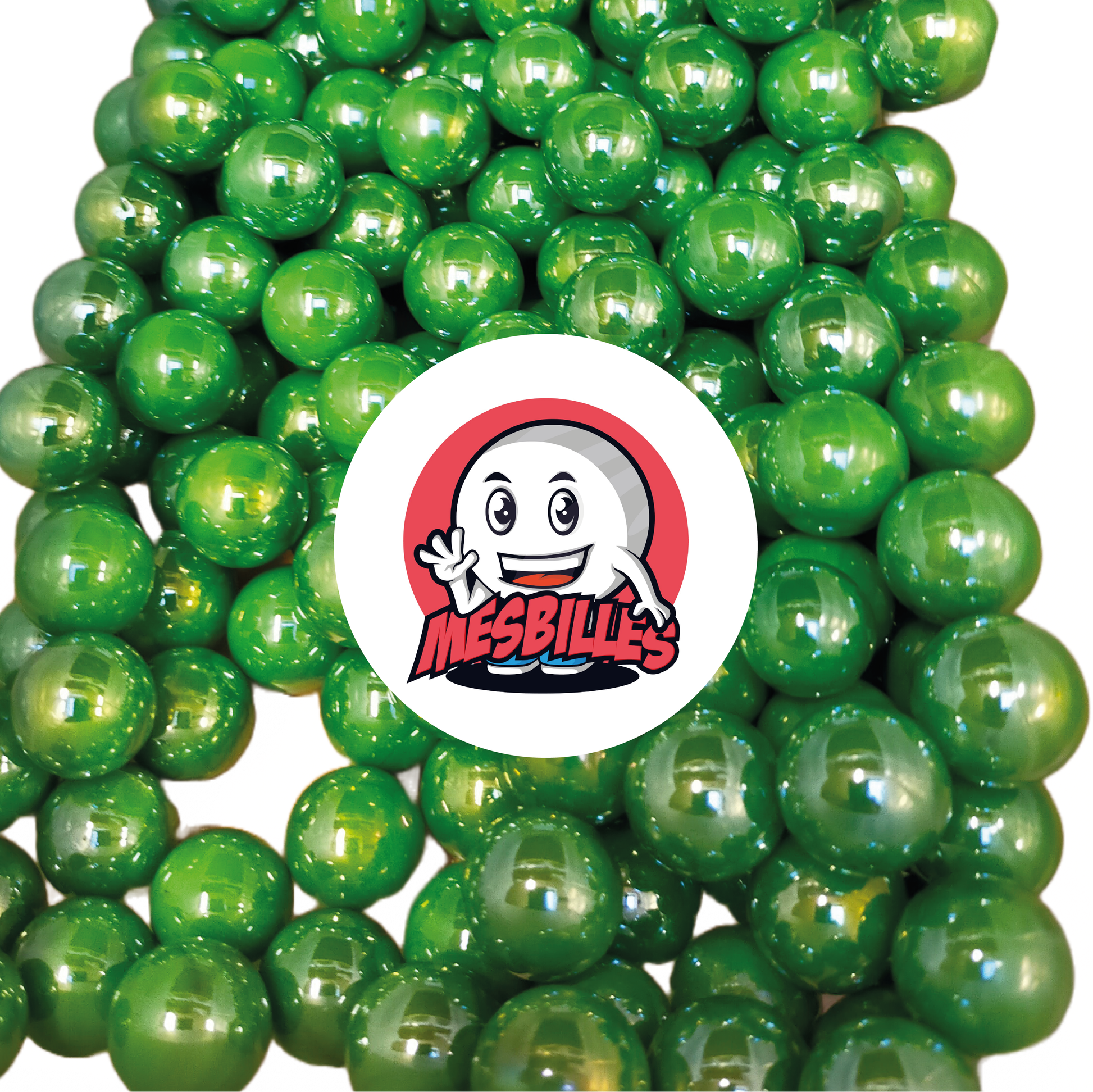 Imagen de la mascota MisCanicas rodeada de canicas Brillante Verde Perlado 16 mm - Canica de vidrio redonda con brillo perlado.