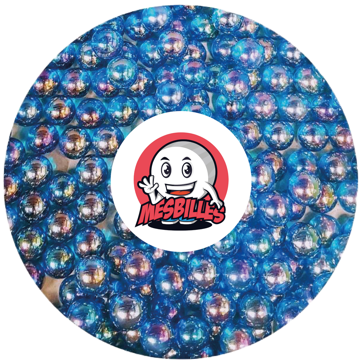 Imagen de la mascota MisCanicas rodeada de canicas Irisada 35 mm Azul, la luz en la punta de los dedos
