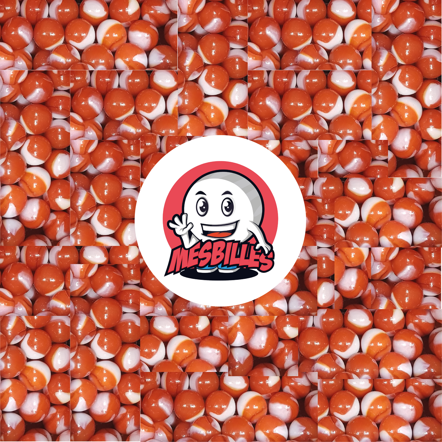 Imagen de la mascota MisCanicas rodeada de canicas Junon de 42 mm de color naranja con trazas de blanco