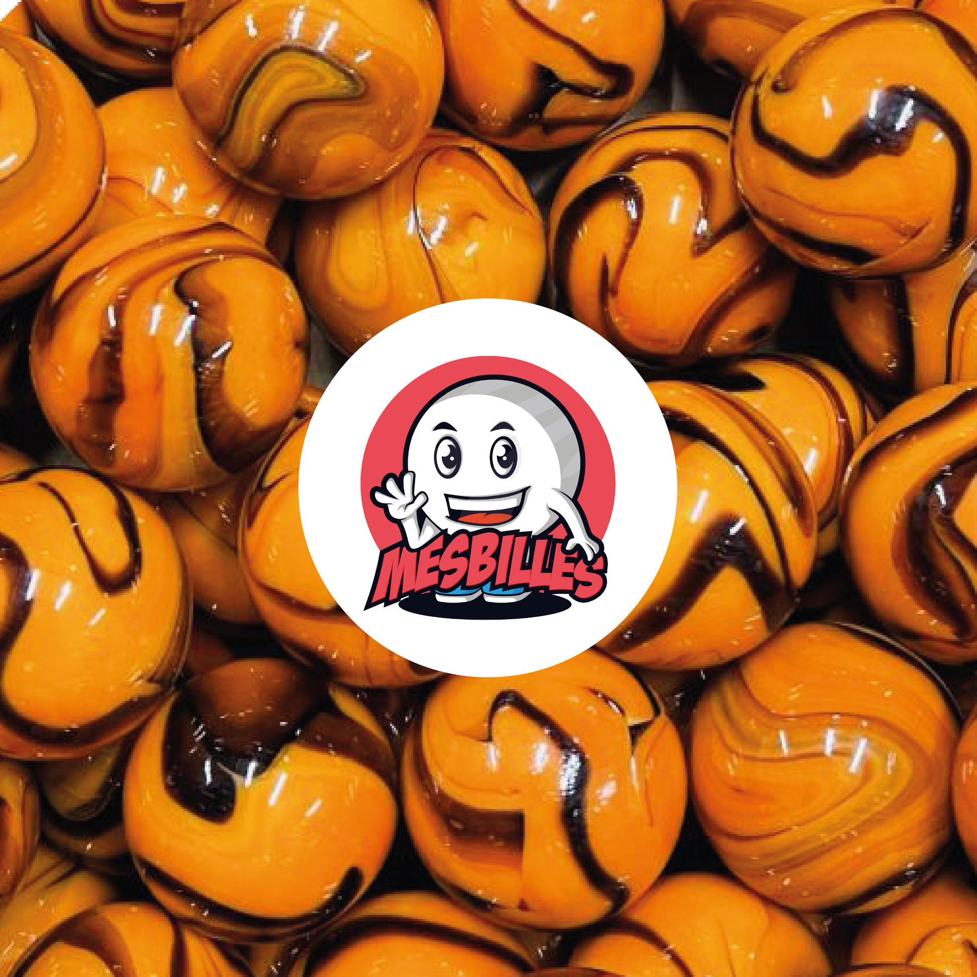 Imagen de la mascota MisCanicas rodeada de canicas Jupiter de 16 mm de color naranja con rayas marrones