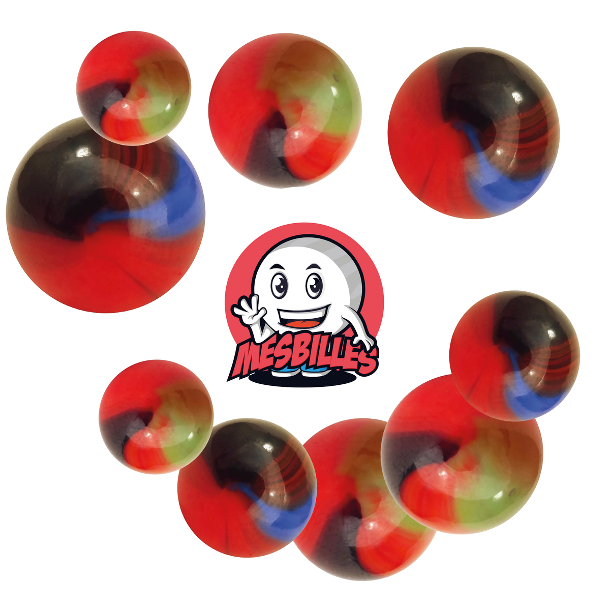 Imagen de la mascota MisCanicas rodeada de canicas Lautrec de cristal naranja con rayas verdes y marrones de 42 mm