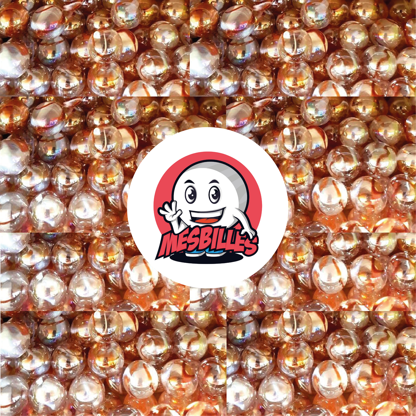 Imagen de la mascota MisCanicas rodeada de canicas translúcidas rosa anaranjadas atravesadas por canicas ámbar anaranjadas, canicas Limonada 50 mm