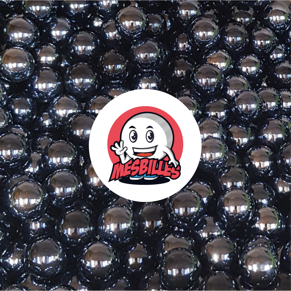 Imagen de la mascota MisCanicas rodeada de canicas Brillantes opacas nacaradas Negras 22 mm