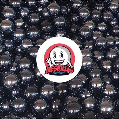 Imagen de la mascota MisCanicas rodeada de canicas Brillantes opacas nacaradas Negras 22 mm
