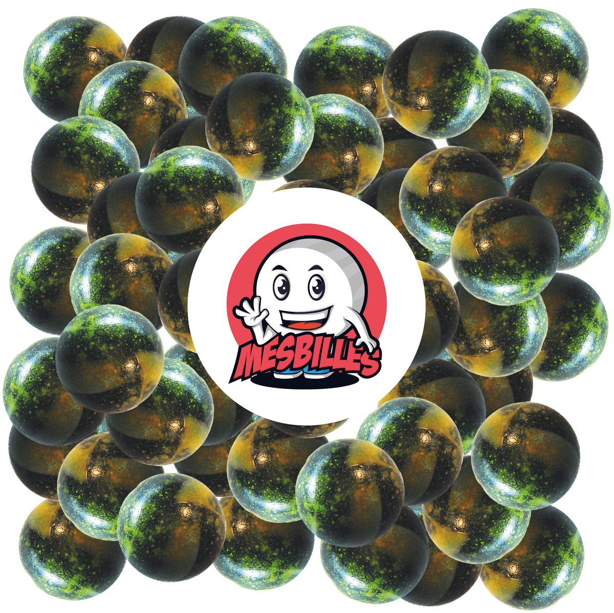 Imagen de la mascota MisCanicas rodeada de canicas Plutón de 25 mm, cristal opaco negro con manchas amarillas