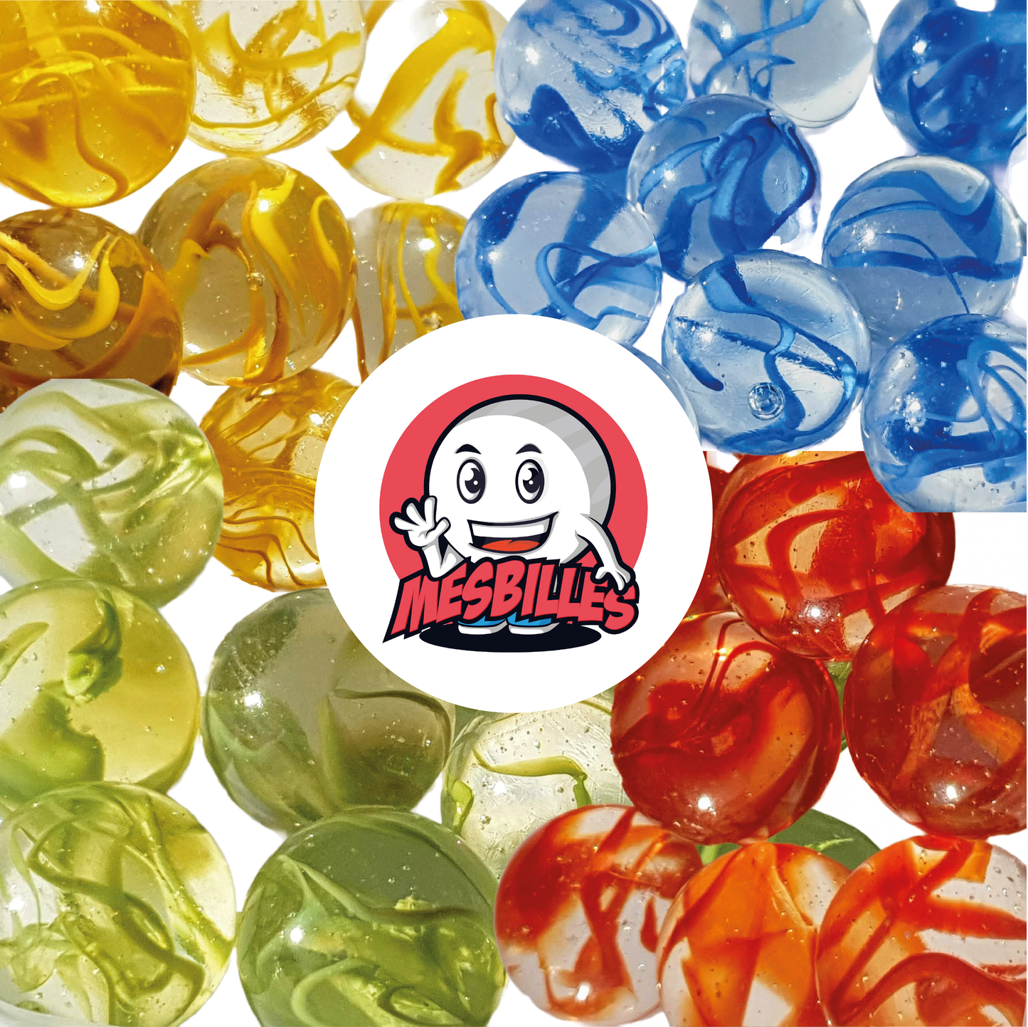 Imagen de la mascota MisCanicas rodeada de canicas translúcidas atravesadas por cintas AZULES, canicas de 14 mm