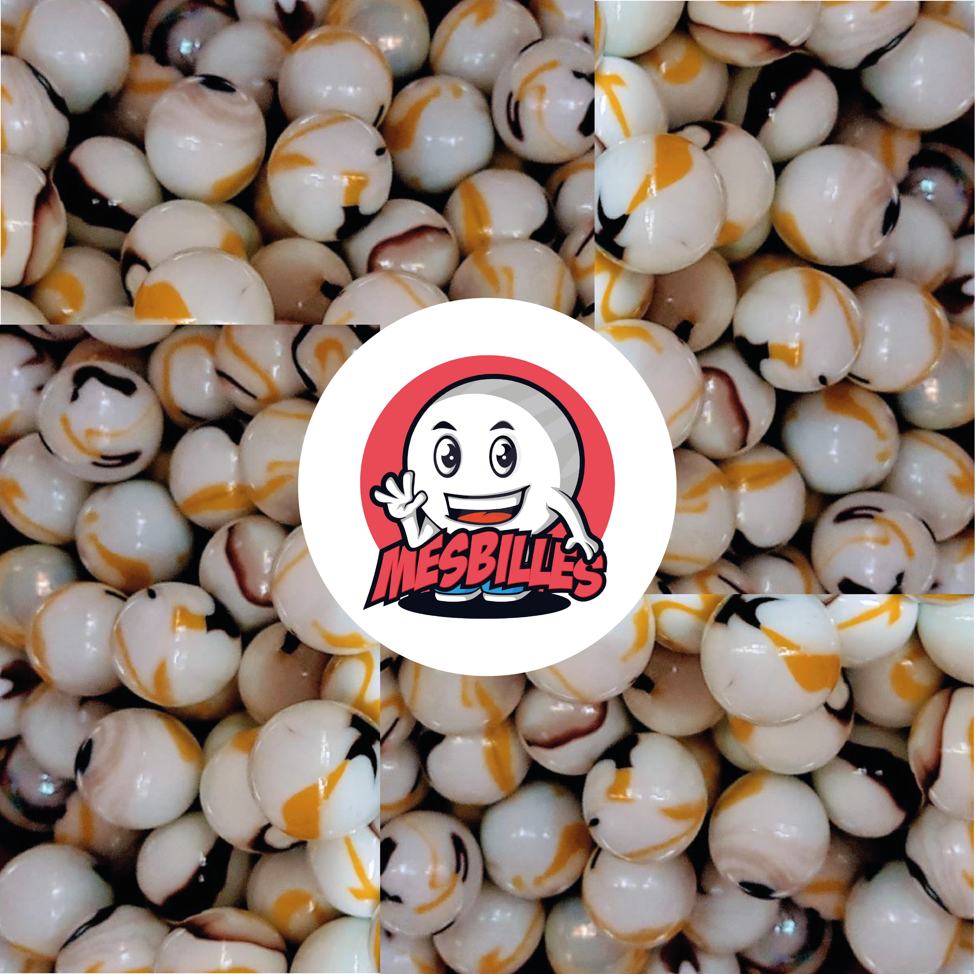 Imagen de la mascota MisCanicas rodeada de canicas tigre amarillo opaco de color blanco con rayas amarillas y marrones de 25 mm