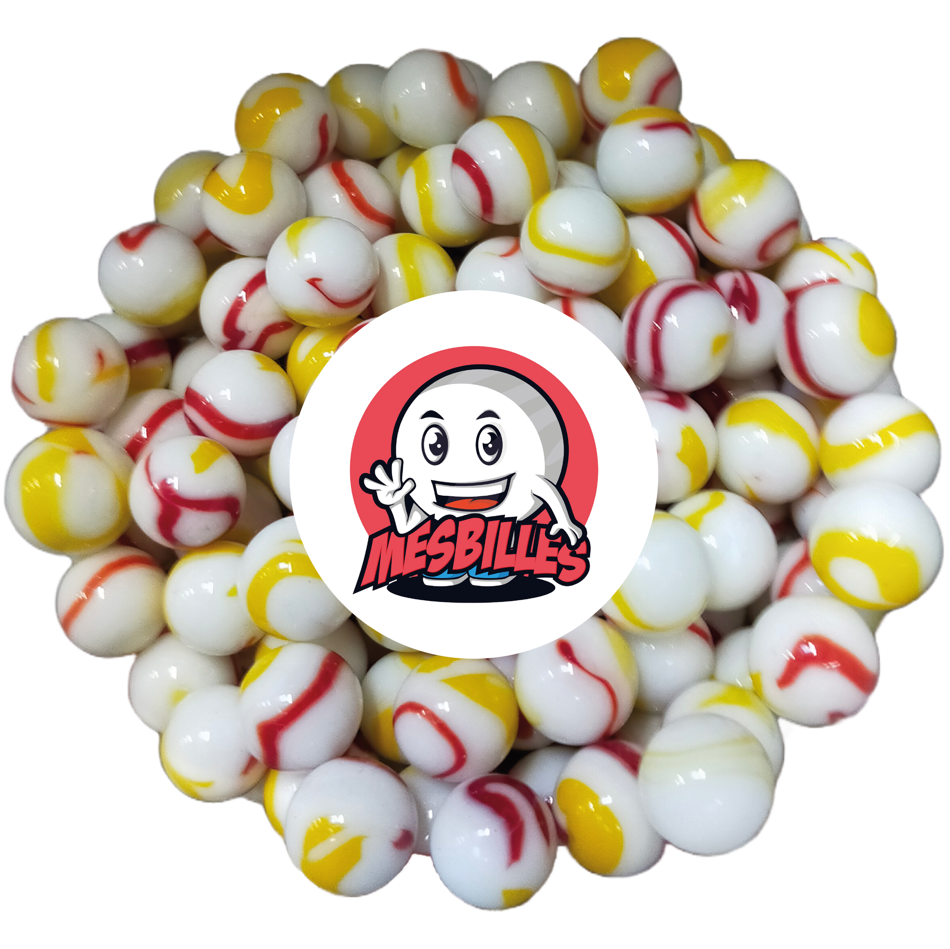 Imagen de la mascota MisCanicas rodeada de canicas Tigre Rojo 25 mm - Vidrio opaco blanco con rayas naranjas y rojas - MisCanicas