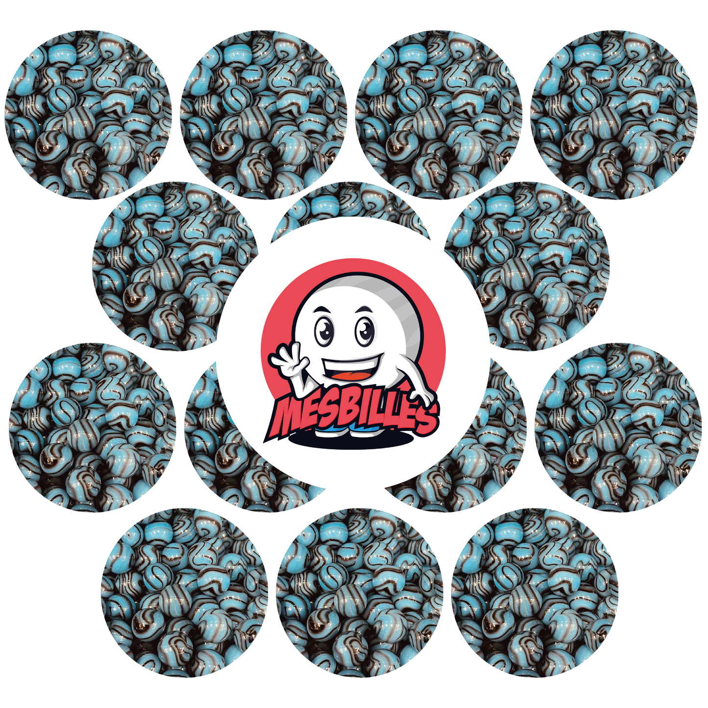 Imagen de la mascota MisCanicas rodeada de canicas Zebra Turquoise de 25 mm, un safari lúdico al alcance de la mano